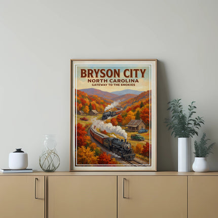 Poster of Bryson City North Carolina featuring trains and autumn foliage.