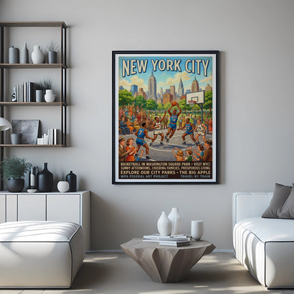 New York City poster depicting basketball in Washington Square Park.