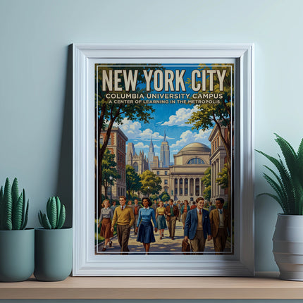 New York City Columbia University campus poster featuring students and buildings.