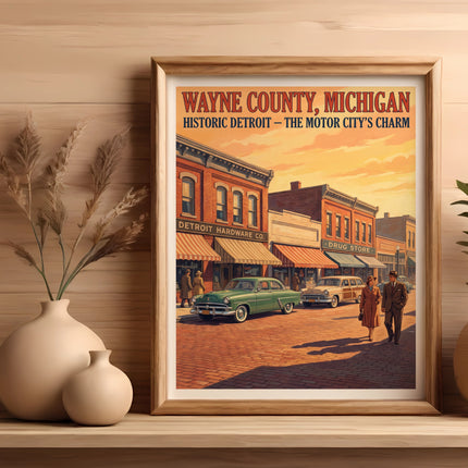 Wayne County, Michigan Detroit Motor City Charm poster with vintage cars.