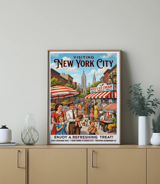 Vintage poster of a family enjoying ice cream on a New York City street.