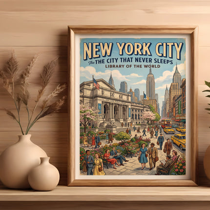 Vintage New York City Library poster with people, taxis, and buildings.
