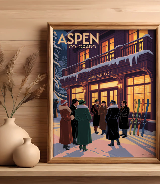 Vintage poster art of Aspen, Colorado with people outside a snow-covered building.