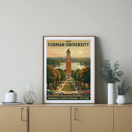 Visit Furman University poster: bell tower, lake, trees, people, cars, Greenville, SC - Est. 1826.