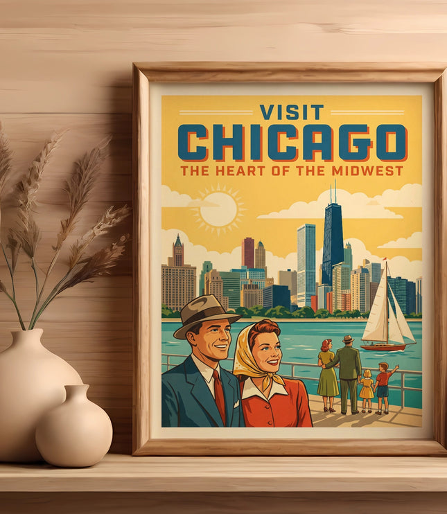 "Visit Chicago, The Heart of the Midwest" poster with skyline and sailing boat.