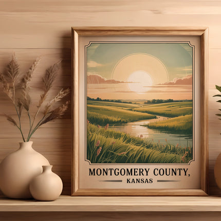 Framed print of a Kansas landscape at sunset with vases and plants.