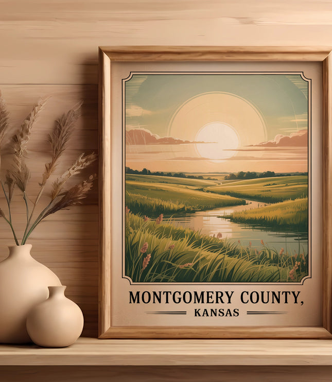 Framed print of a Kansas landscape at sunset with vases and plants.