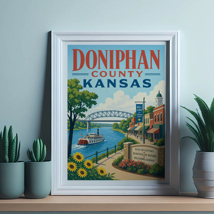 Doniphan County, Kansas vintage travel poster with riverboat and town scene.