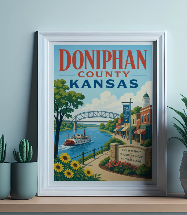 Doniphan County, Kansas vintage travel poster with riverboat and town scene.