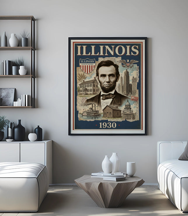 Framed "Illinois" poster featuring Abraham Lincoln and Chicago skyline.