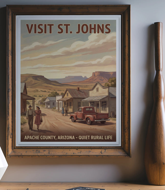 Vintage poster featuring "Visit St. Johns Apache County, Arizona - Quiet Rural Life."