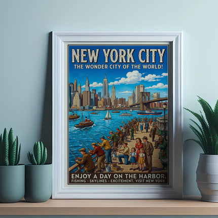 New York City poster depicting harbor activities, skyline, and text: "The Wonder City of the World."