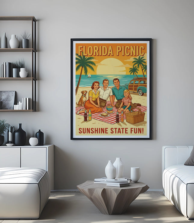 Framed "Florida Picnic Sunshine State Fun" poster depicting a family and dog at the beach.