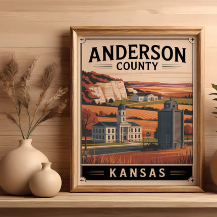 Framed "Anderson County Kansas" illustration with buildings and rolling hills.