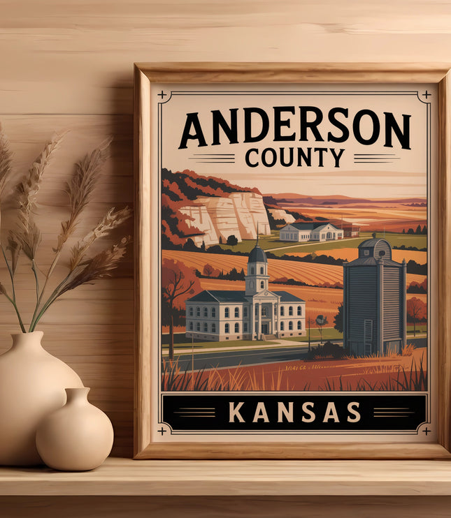 Framed "Anderson County Kansas" illustration with buildings and rolling hills.