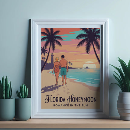 Framed beach poster with couple walking toward the ocean and text "Florida Honeymoon".