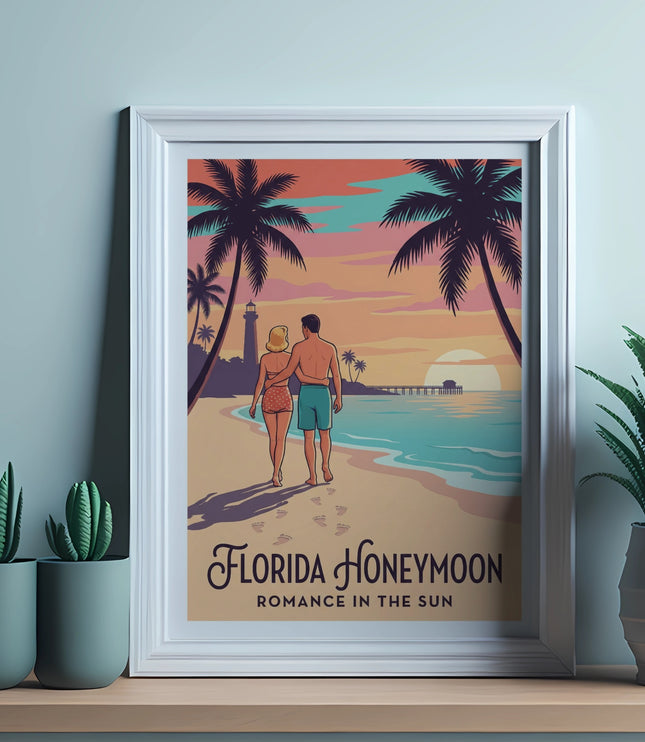 Framed beach poster with couple walking toward the ocean and text "Florida Honeymoon".