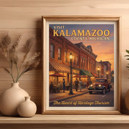 Vintage poster for Kalamazoo County, Michigan, featuring a street scene with a classic truck.