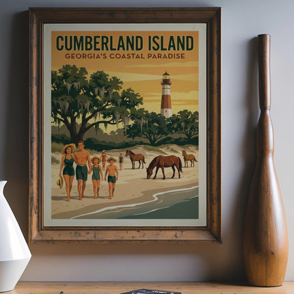 Vintage poster of Cumberland Island, Georgia with a lighthouse, beach, and people.