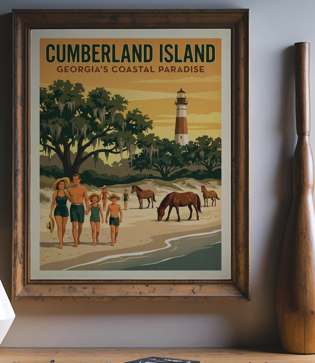 Vintage poster of Cumberland Island, Georgia with a lighthouse, beach, and people.