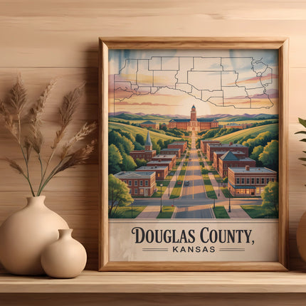 Framed artwork of Douglas County, Kansas, with buildings and rolling hills.