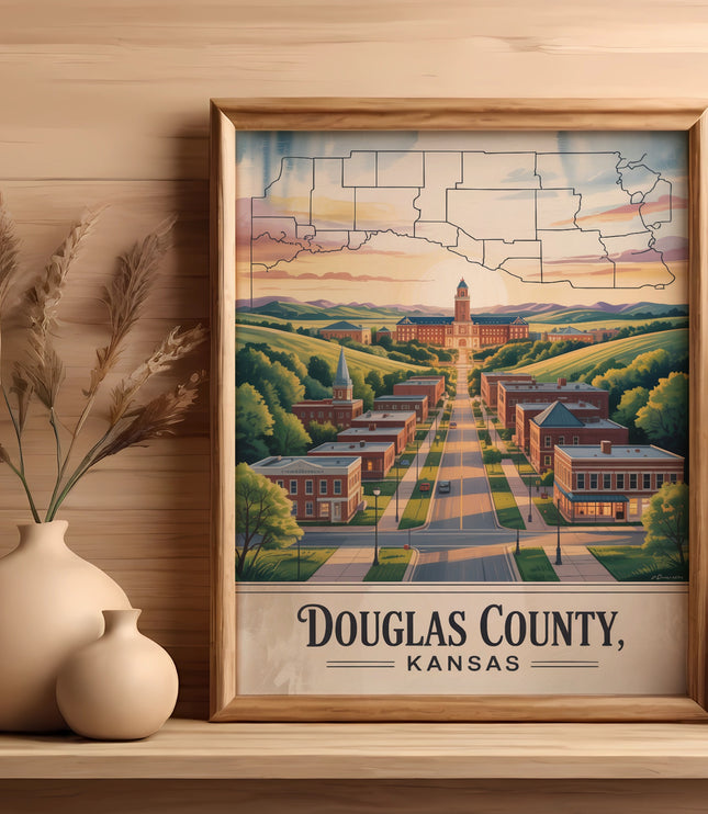 Framed artwork of Douglas County, Kansas, with buildings and rolling hills.