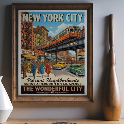 Vintage New York City poster featuring a street scene with a streetcar and vibrant buildings.