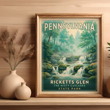 Ricketts Glen State Park vintage travel poster with waterfall and forest scene.