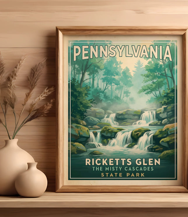 Ricketts Glen State Park vintage travel poster with waterfall and forest scene.