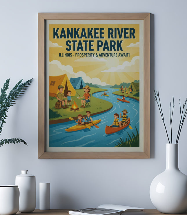 Poster of Kankakee River State Park in Illinois with families camping and kayaking.