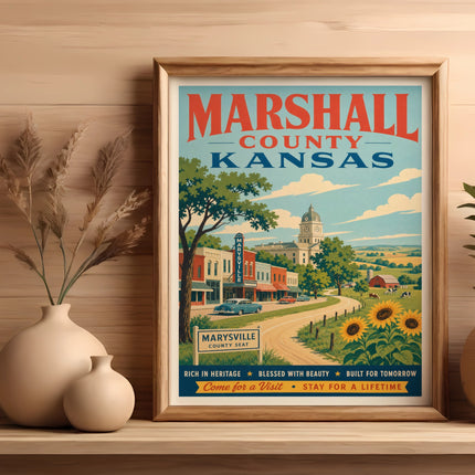 Marshall County Kansas travel poster with Marysville scene and sunflowers.