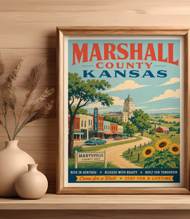 Marshall County Kansas travel poster with Marysville scene and sunflowers.