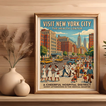 Vintage poster: Visit New York City, Health Center, sunny afternoons in medical quarter.