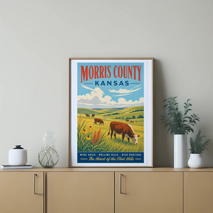 Morris County, Kansas, vintage travel poster with cattle grazing in rolling hills.
