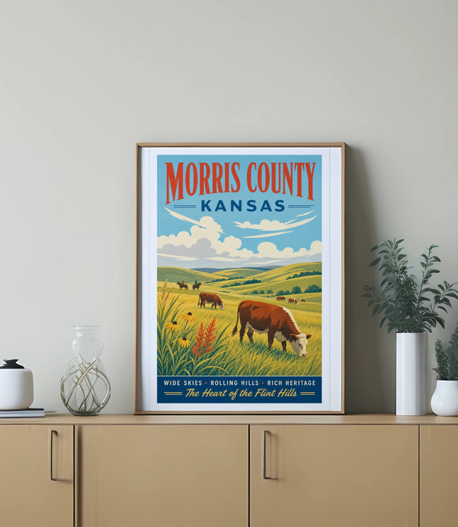 Morris County, Kansas, vintage travel poster with cattle grazing in rolling hills.