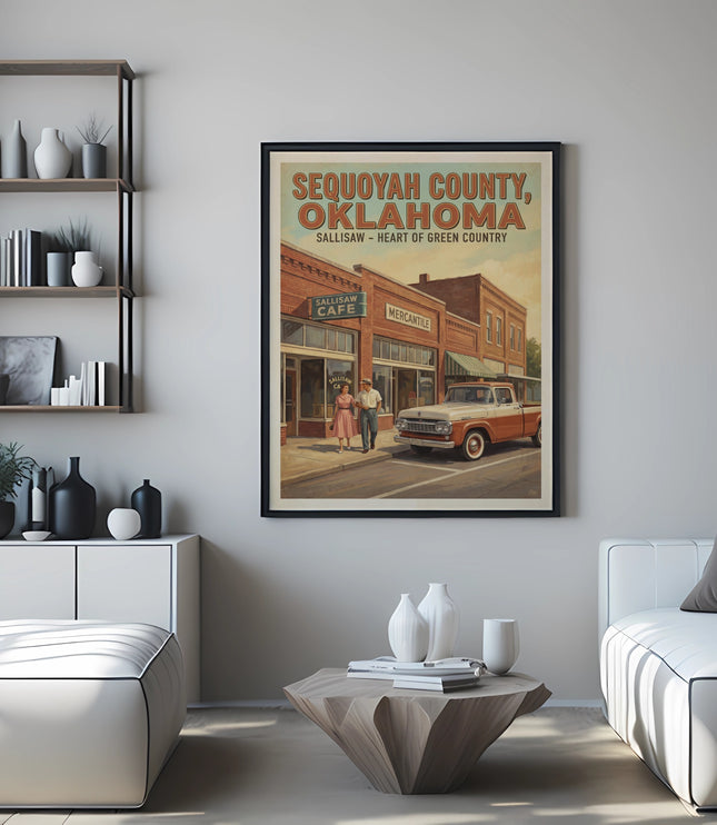Sequoyah County, Oklahoma poster with Sallisaw cafe and mercantile scene.