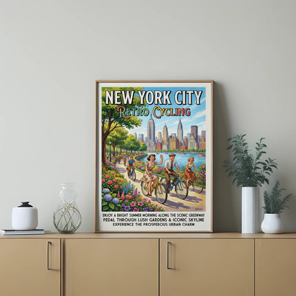New York City Retro Cycling poster with people on bikes and city skyline.