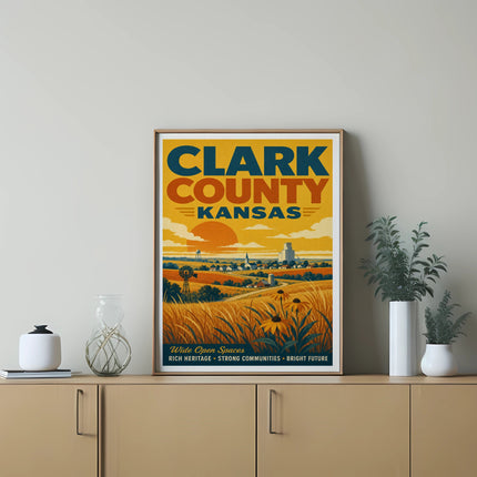 Clark County Kansas vintage travel poster with sun, farm, and fields.