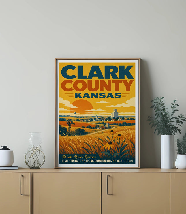 Clark County Kansas vintage travel poster with sun, farm, and fields.
