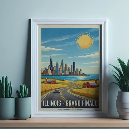 Vintage travel poster of Chicago skyline with "Illinois - Grand Finale" text.