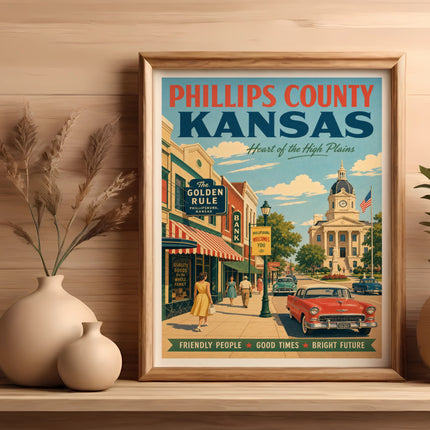Phillips County, Kansas vintage travel poster with town scene and text.