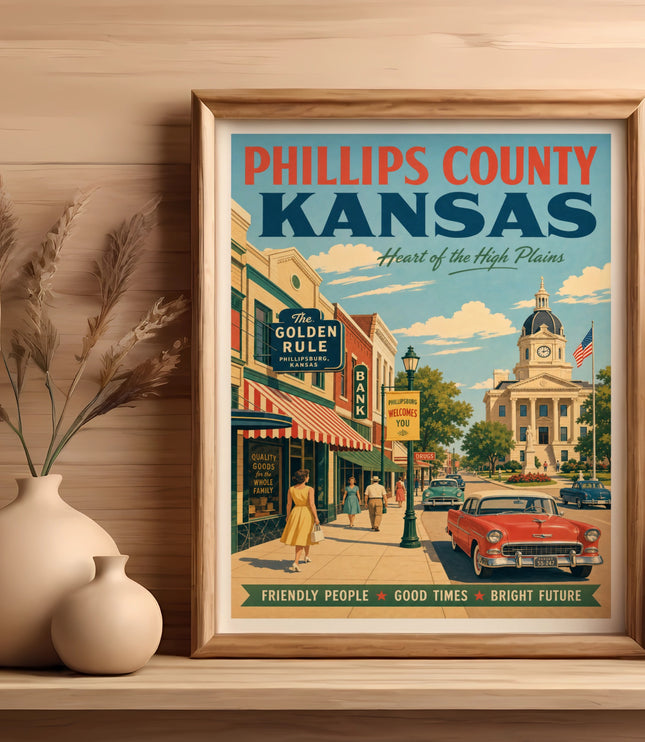 Phillips County, Kansas vintage travel poster with town scene and text.