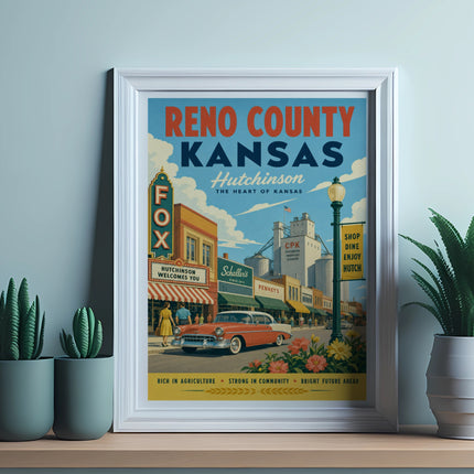 Retro travel poster of Hutchinson, Kansas featuring vintage cars and buildings.