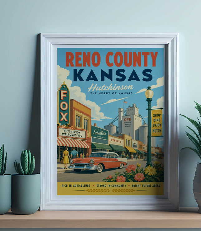 Retro travel poster of Hutchinson, Kansas featuring vintage cars and buildings.