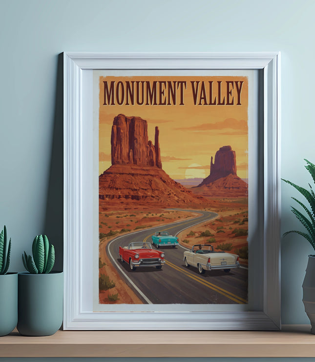 Framed print of Monument Valley with vintage cars driving on a road.