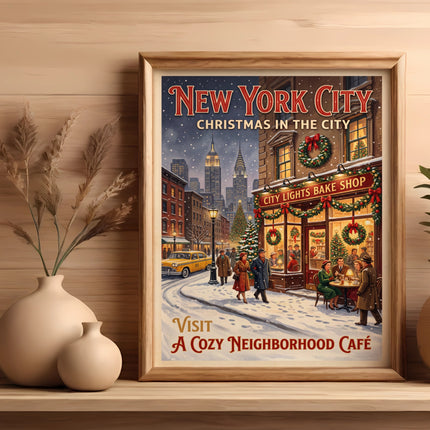 New York City Christmas poster featuring a cozy neighborhood cafe.