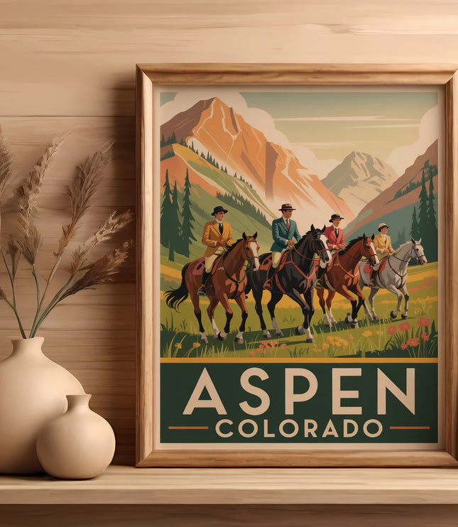 Vintage travel poster for Aspen, Colorado featuring riders on horseback.