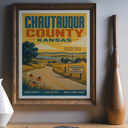 Chautauqua County Kansas travel poster with road, sunflowers, and text.