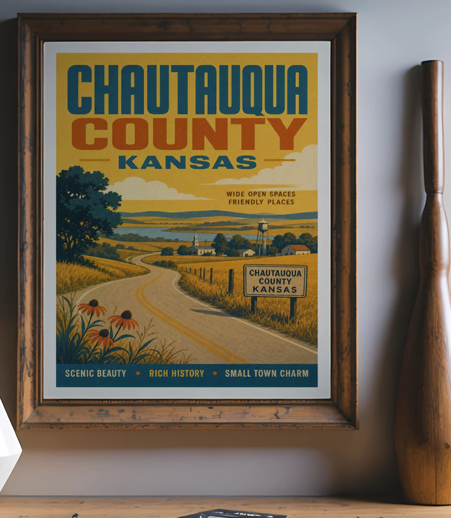 Chautauqua County Kansas travel poster with road, sunflowers, and text.