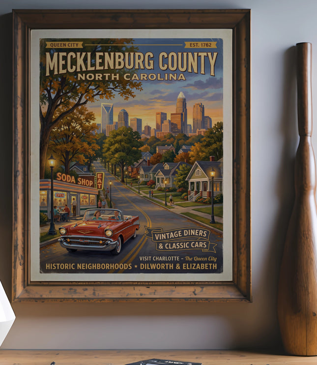 Mecklenburg County North Carolina poster with vintage car and Charlotte skyline.